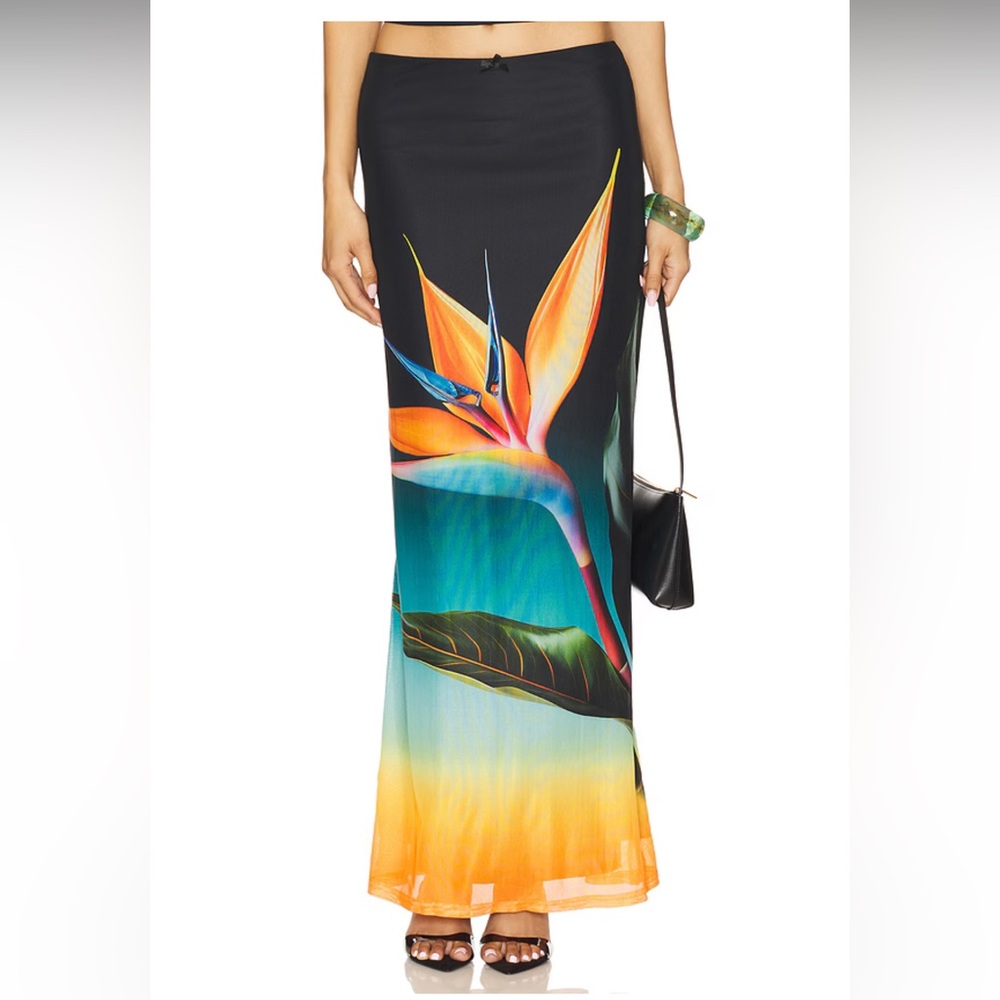 Tropical Bird of Paradise Maxi Skirt - Black/Orange/Teal